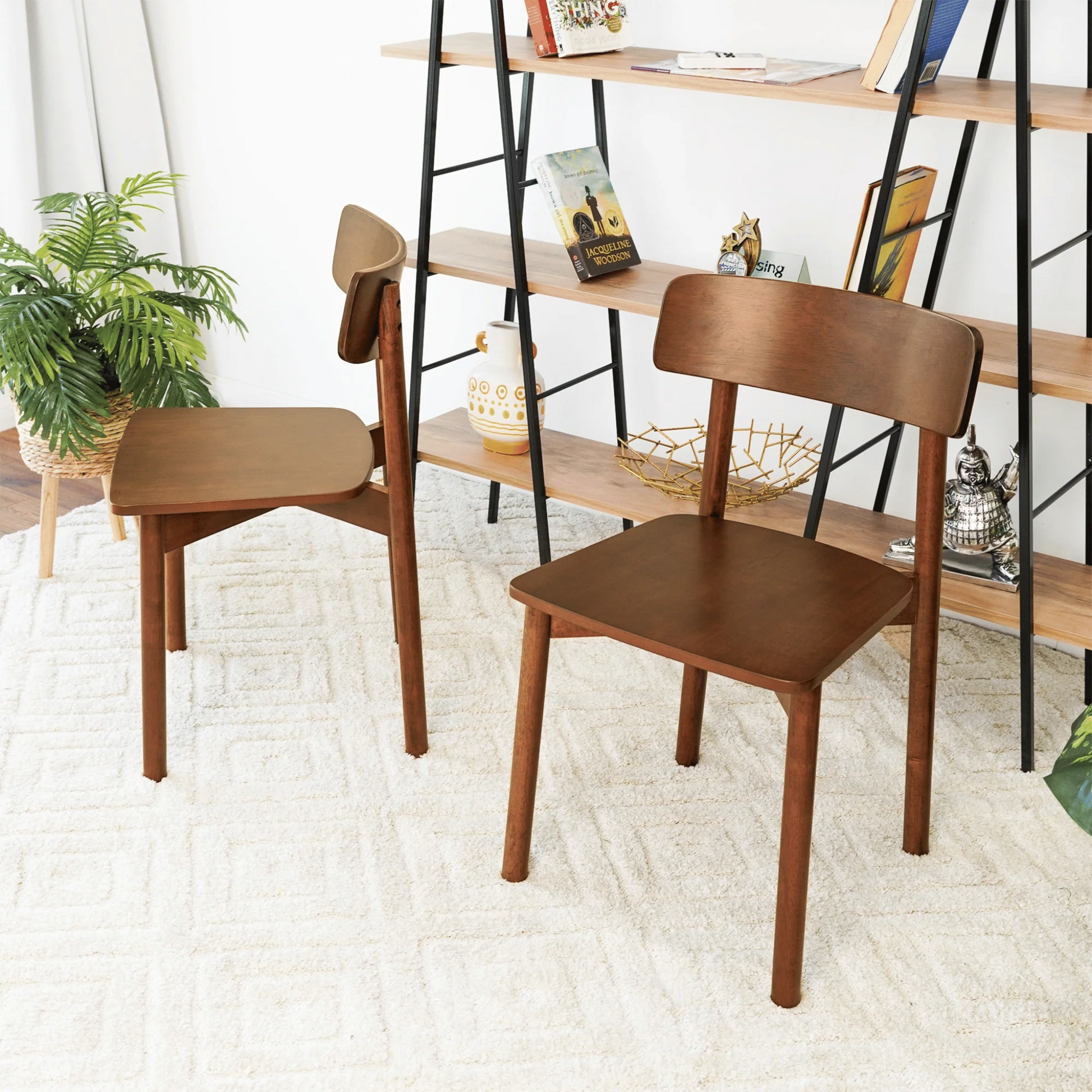 Set of 2 Mid century Modern open back square seat chairs | Brown wallnut wood frame 