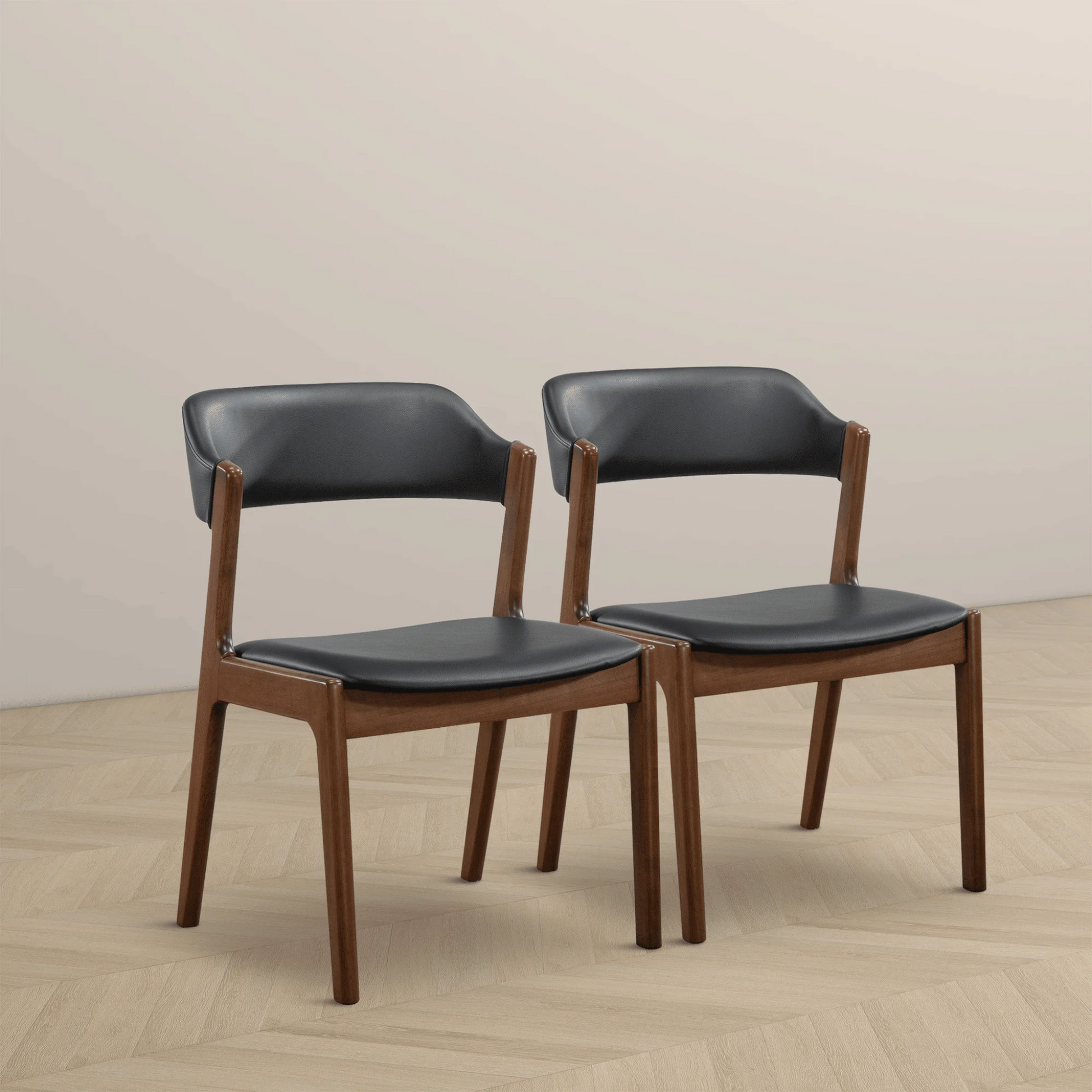 Set of 2 Mid century Modern open back square seat chairs | Wood frame & Black leather upholstery 