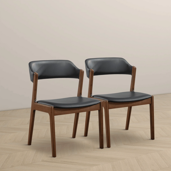 Set of 2 Mid century Modern open back square seat chairs | Wood frame & Black leather upholstery 