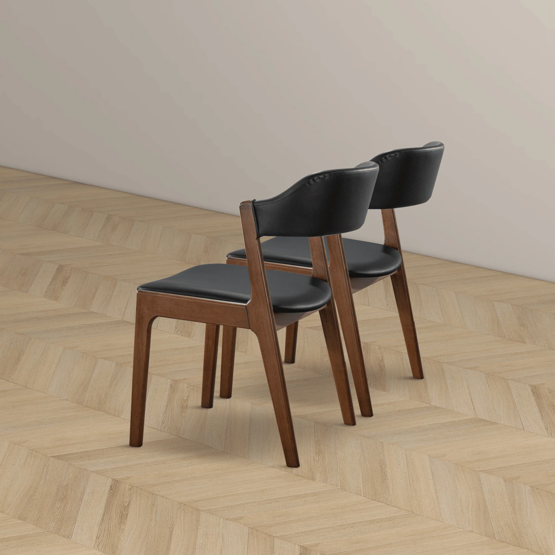 Set of 2 Mid century Modern open back square seat chairs | Wood frame & Black leather upholstery 