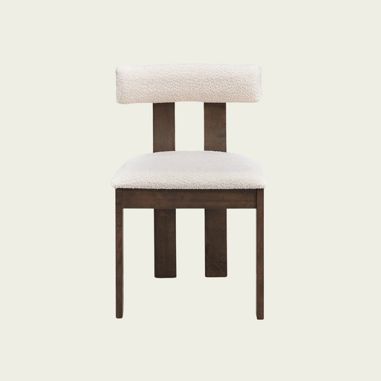 Set of 2 Mid century modern open back wood chairs | Boucle Upholstered Back and seat cushions 
