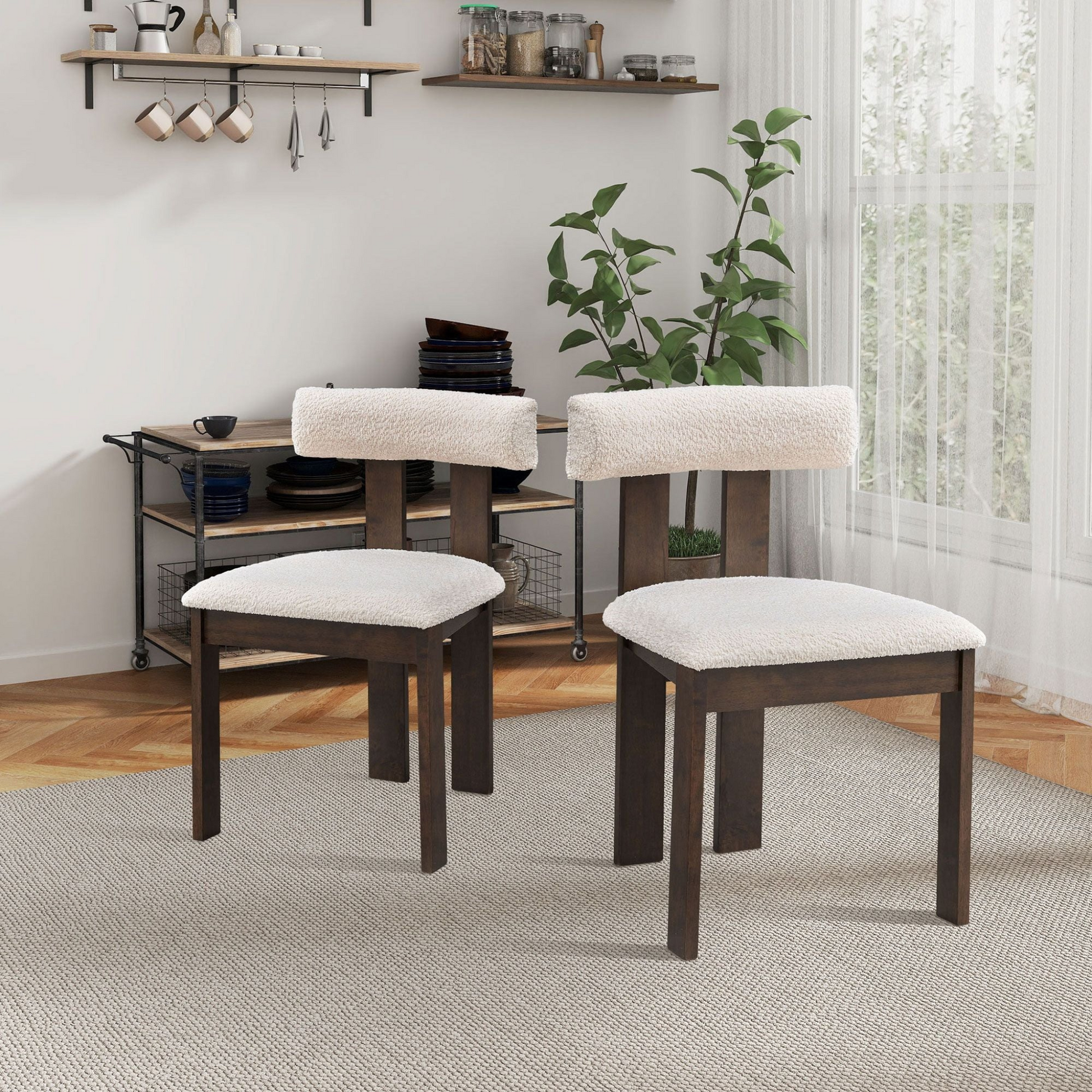 Set of 2 Mid century modern open back wood chairs | Boucle Upholstered Back and seat cushions 