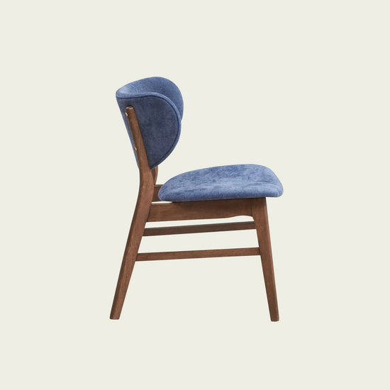 Set of 2 mid century wallnut wood chairs | Curved blue padded seat and backrest 