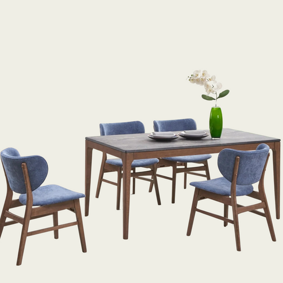 Set of 2 mid century wallnut wood chairs | Curved blue padded seat and backrest 