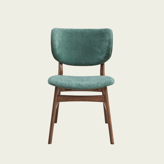 Set of 2 mid century wallnut wood chairs|Curved padded seat and backrest|Emerald green velvet fabric 