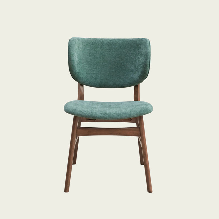 Set of 2 mid century wallnut wood chairs|Curved padded seat and backrest|Emerald green velvet fabric 