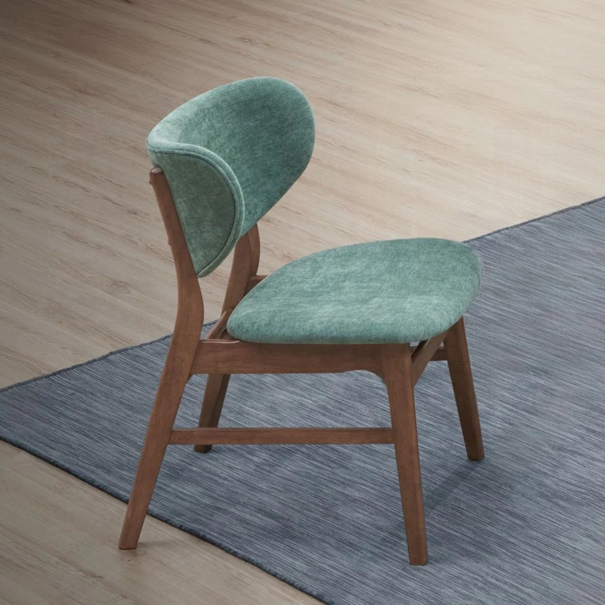 Set of 2 mid century wallnut wood chairs|Curved padded seat and backrest|Emerald green velvet fabric 
