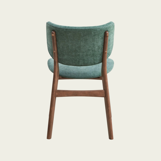 Set of 2 mid century wallnut wood chairs|Curved padded seat and backrest|Emerald green velvet fabric 