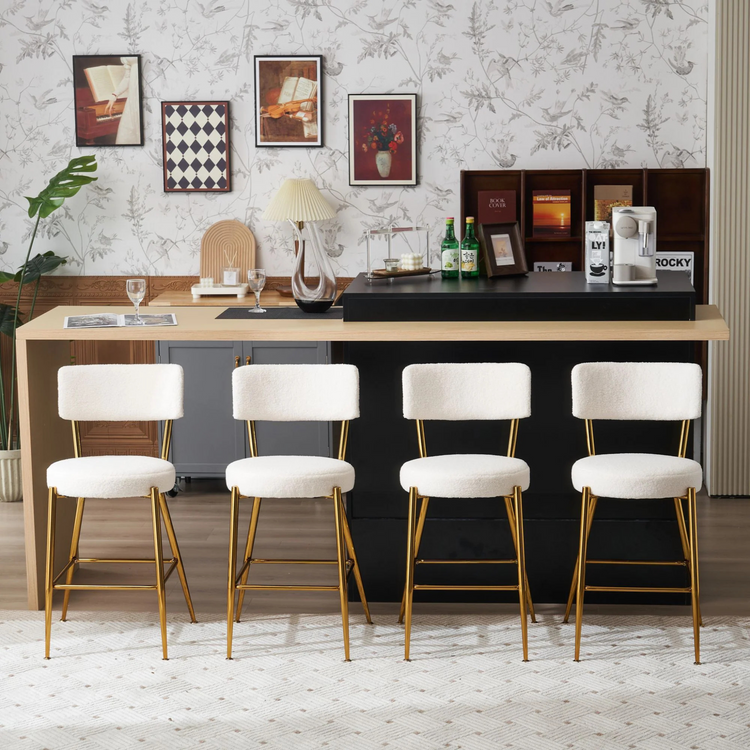 Set of 2 modern teddy fabric upholstered bar stools - Metal base high stool - Suitable for kitchen, dining and living room - Beige - Stylish and comfortable island seating
