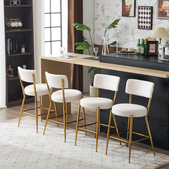 Set of 2 modern teddy fabric upholstered bar stools - Metal base high stool - Suitable for kitchen, dining and living room - Beige - Stylish and comfortable island seating