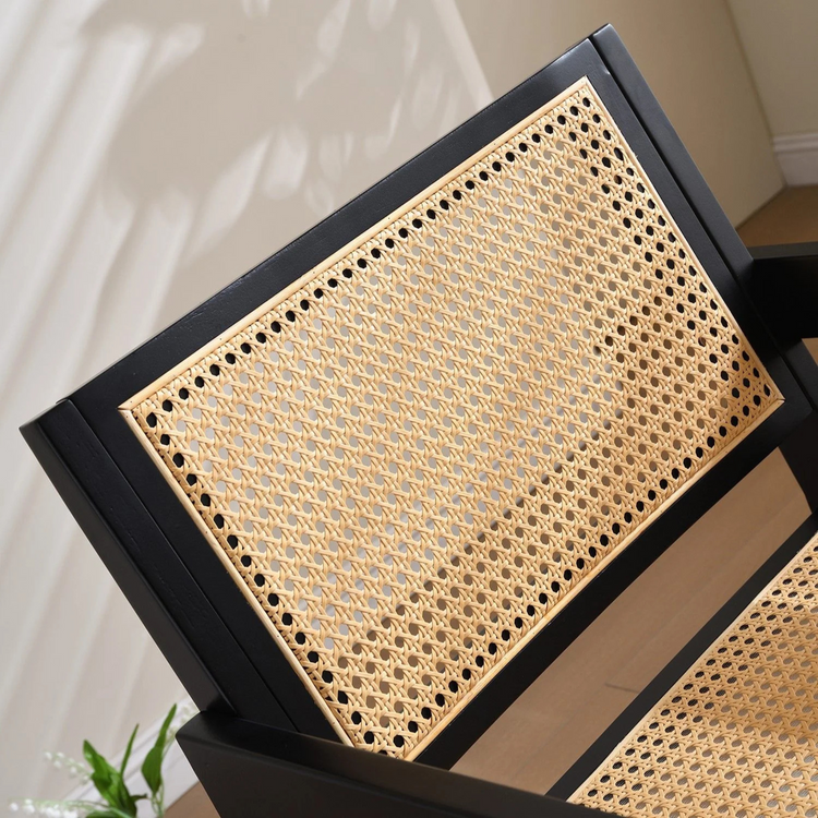 Set of 2 vintage black wood armchairs | rattan seat and back cushions 888