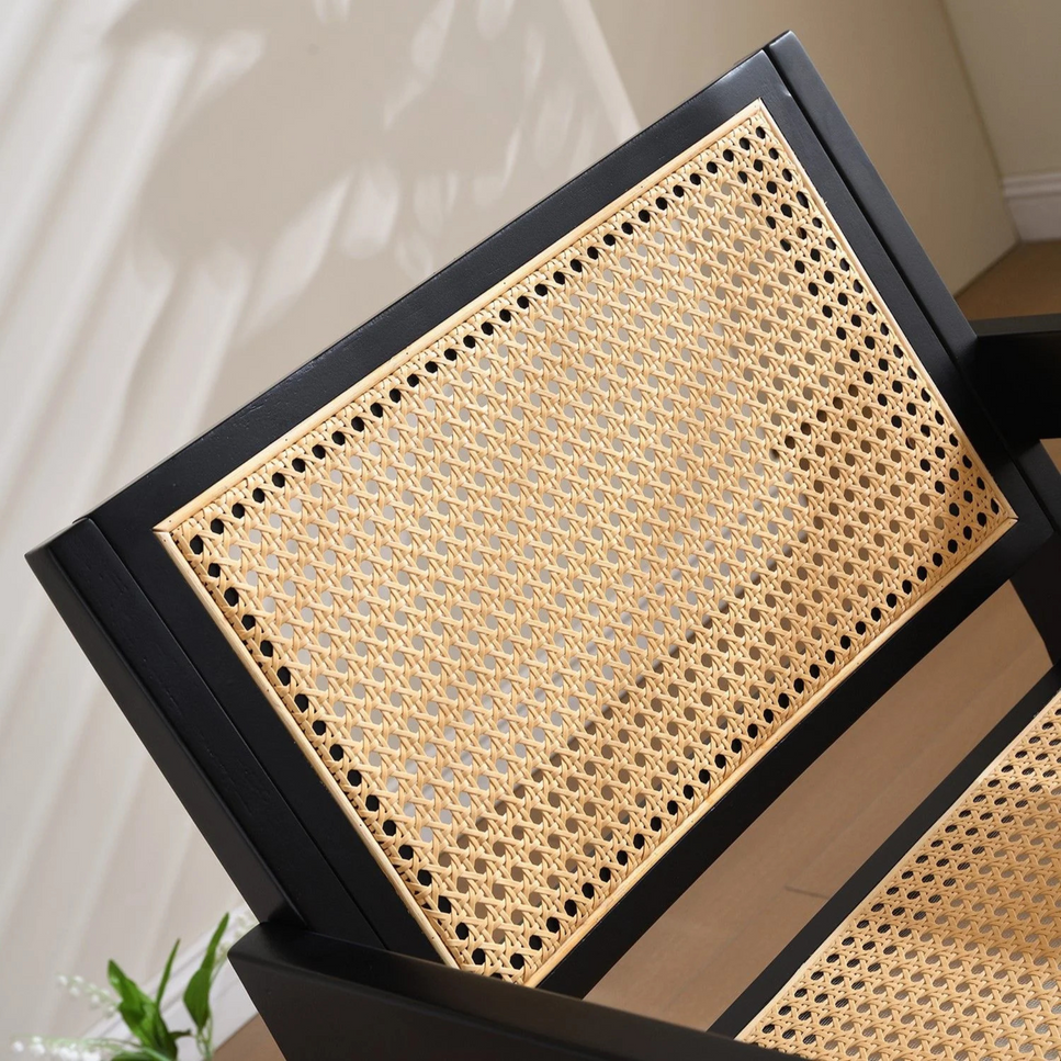 Set of 2 vintage black wood armchairs | rattan seat and back cushions 888