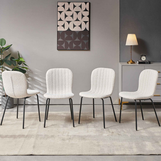 Set of 4 Mid century modern Off White seashell Chairs| Boucle upholstery & Black metal legs