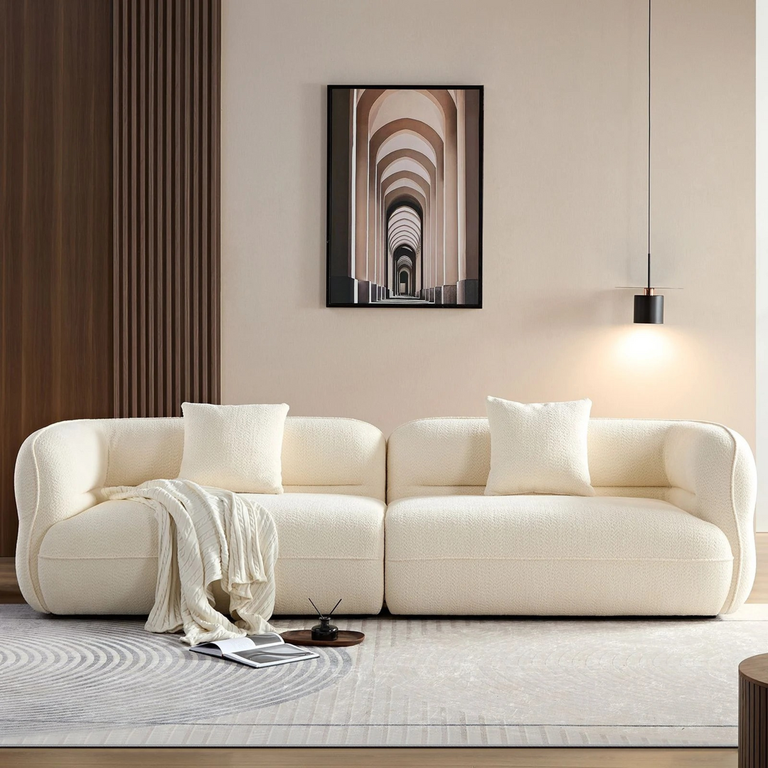 Ttwo piece modular sofa | Soft textured off-White cream fabric| plateform base | 2 matching cushions