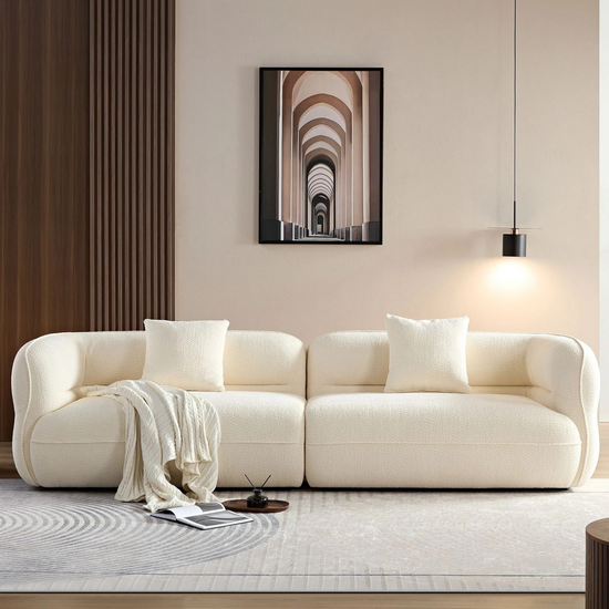 Ttwo piece modular sofa | Soft textured off-White cream fabric| plateform base | 2 matching cushions