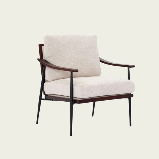 Modern Accent Chair, Mid Century Modern Accent Chairs, Linen Fabric Arm Chair with Wood Armrests, Upholstered Leisure Chair for Living Room, Bedroom, Reception Room, White