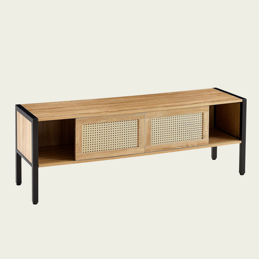 54.33" Rattan TV cabinet with variable color light strip, double sliding doors for storage, adjustable shelf, metal legs, TV console for living room ,natural
