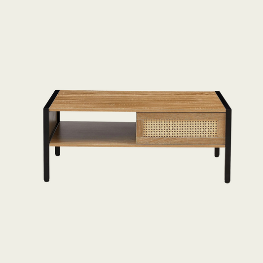 40.16" Rattan Coffee table, sliding door for storage, metal legs, Modern table for living room , natural