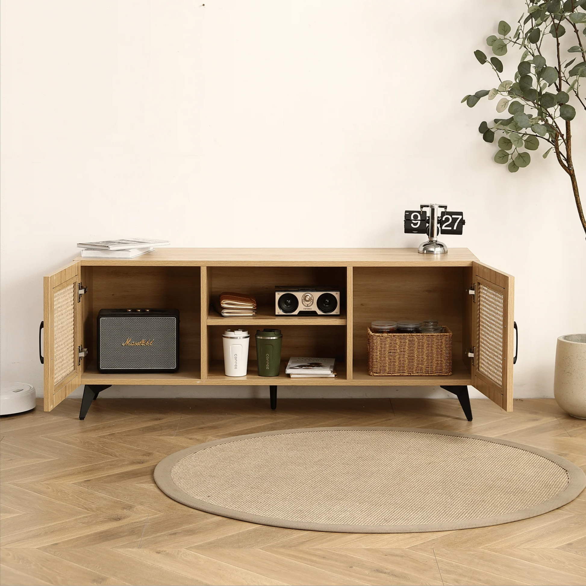 Oak TV Rattan Storage Cabinet Net - Perfect for Family Entertainment Room 51.2inch