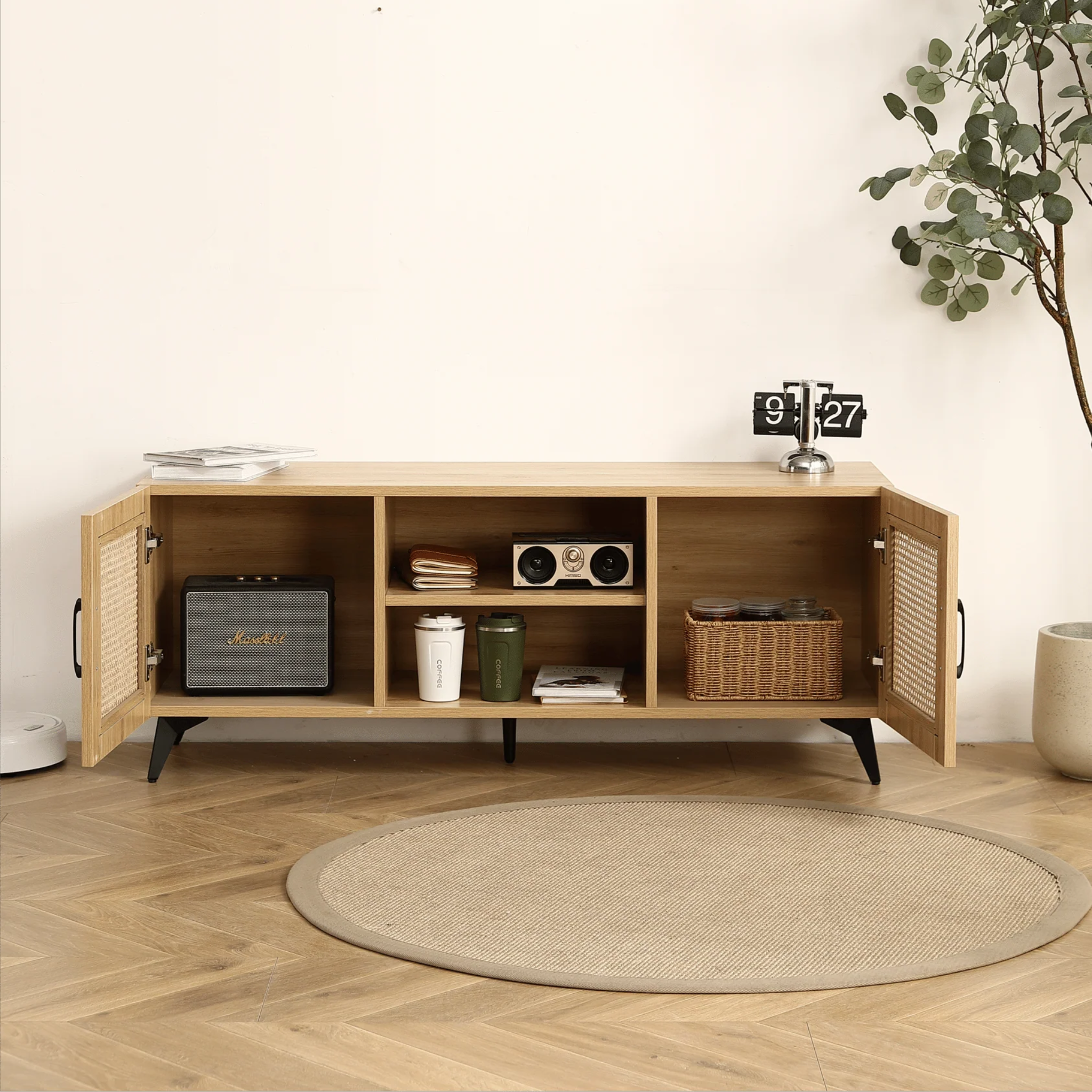 Oak TV Rattan Storage Cabinet Net - Perfect for Family Entertainment Room 51.2inch