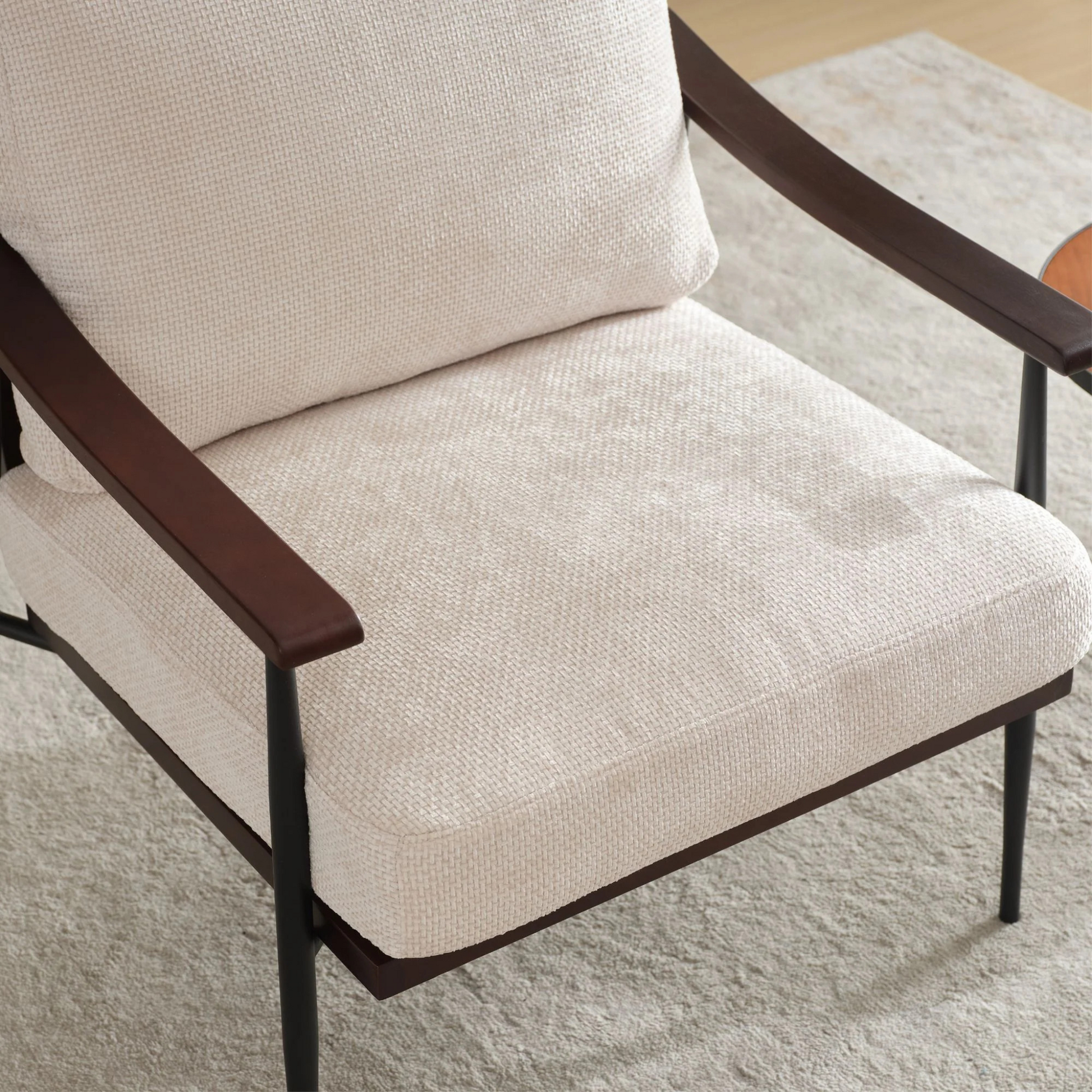 Modern Accent Chair, Mid Century Modern Accent Chairs, Linen Fabric Arm Chair with Wood Armrests, Upholstered Leisure Chair for Living Room, Bedroom, Reception Room, White