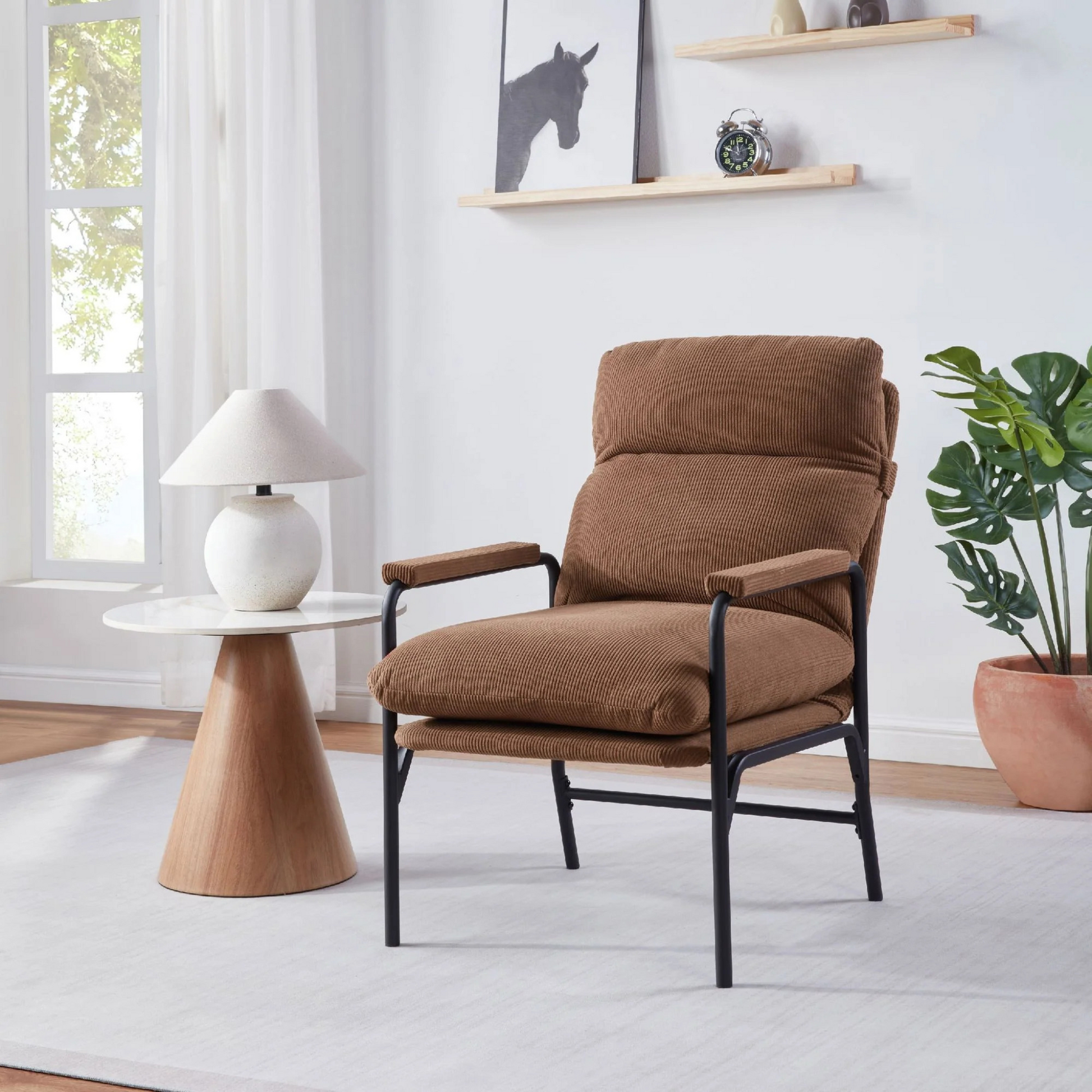 Modern Accent Chair, Reclining Chair with Adjustable Backrest, Corduroy Chair with Metal Frame, Reading Chair, Comfy Lounge Chair for Living Room, Bedroom, Office, Brown