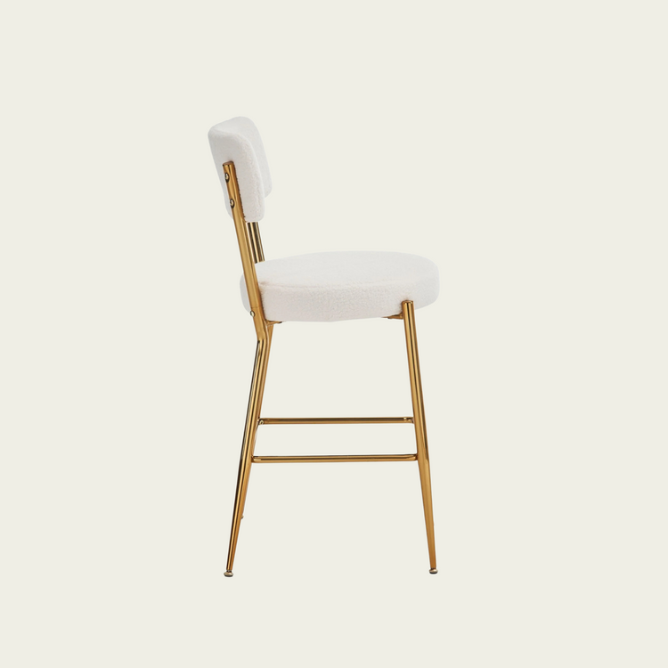 Set of 2 modern teddy fabric upholstered bar stools - Metal base high stool - Suitable for kitchen, dining and living room - Beige - Stylish and comfortable island seating