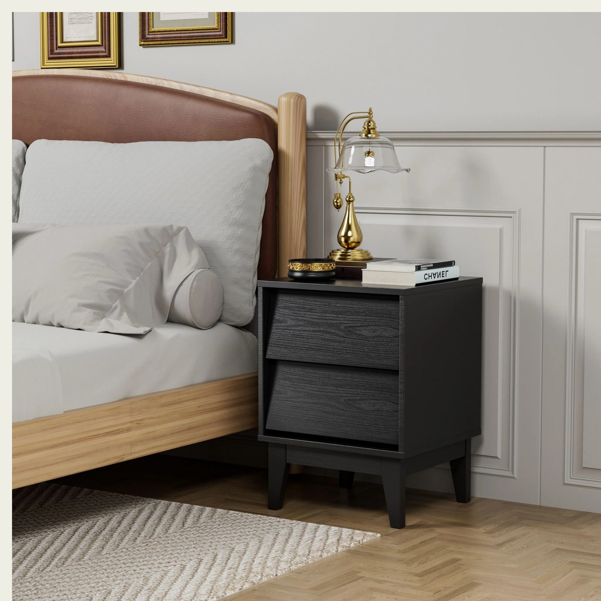 2 Set Nightstands Features Vintage-style and Bevel Design, Made of MDF, Mid Century Modern Nightstand, Night Stand for Bedroom