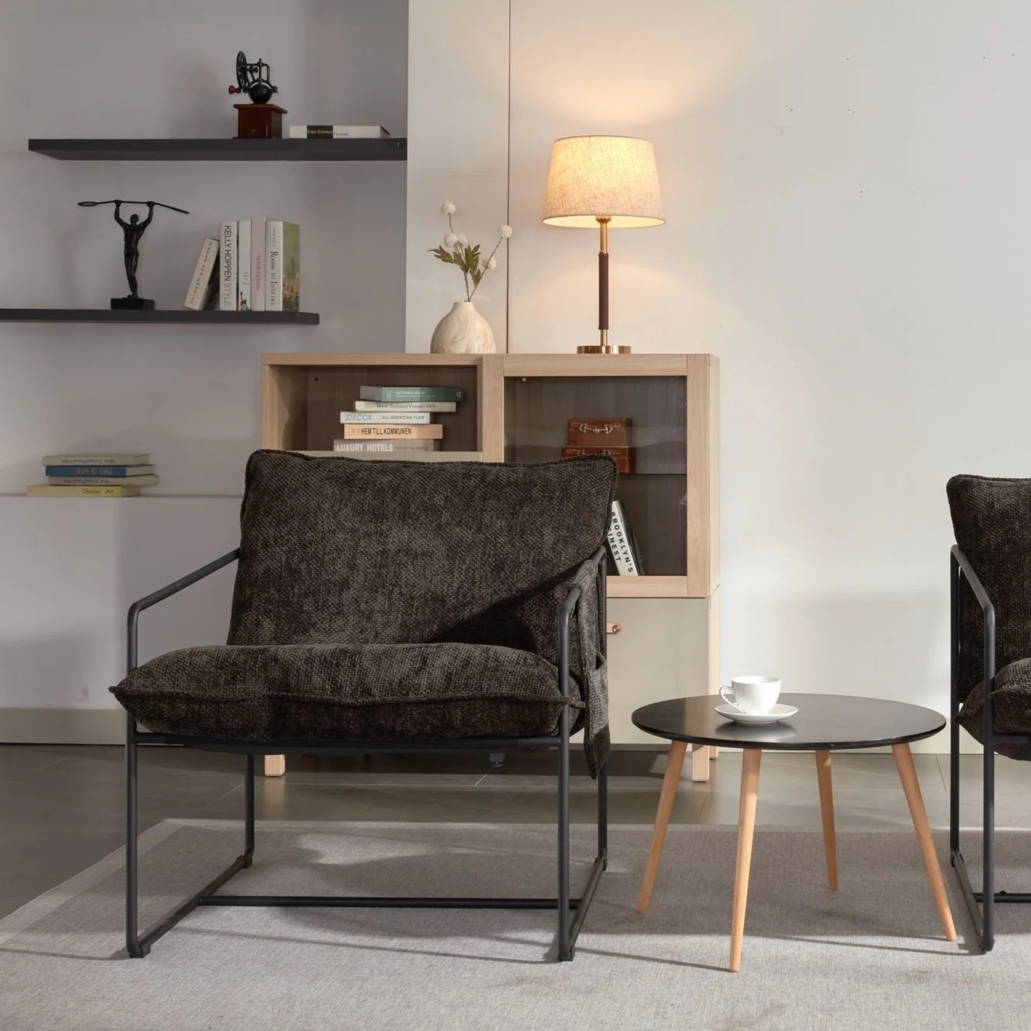 2 Chairs in 1 Box, Upholstered hanging armchair with arm pocket metal frame, crushed foam cushions and skin-friendly braid for living room and bedroom. Dark Gray