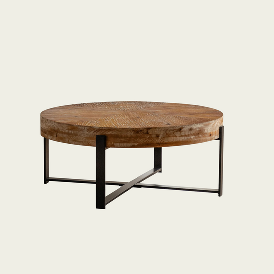 31.29"Modern Retro Splicing Round Coffee Table, Fir Wood Table Top with Black Cross Legs Base(Same SKU:W75770652)
