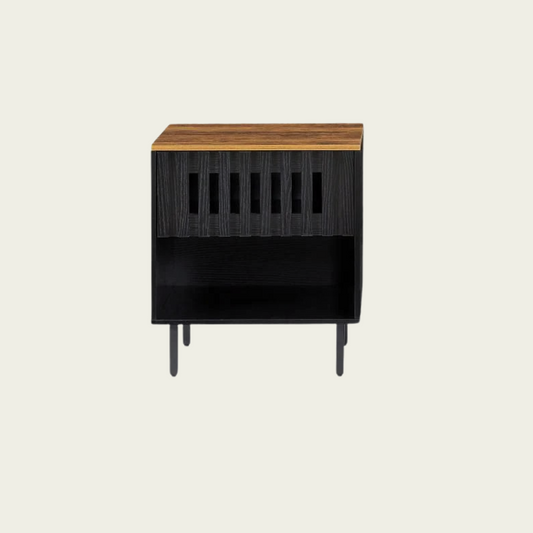2 Set Nightstands with Grille Striped Doors, Mid Century Modern Nightstand, Bedside Table with Slatted Drawer Decor, End Tables Bedroom with Metal Legs, Night Stand for Bedroom