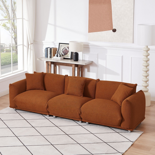 Originality Shapes Curry Lambswool Sherpa 4 Seater Sofa With Metal Legs, Solid Wood Frame Couch with 3 Pillows, Linear and Modular Version Design, Possibility Combined Armchair Current Style