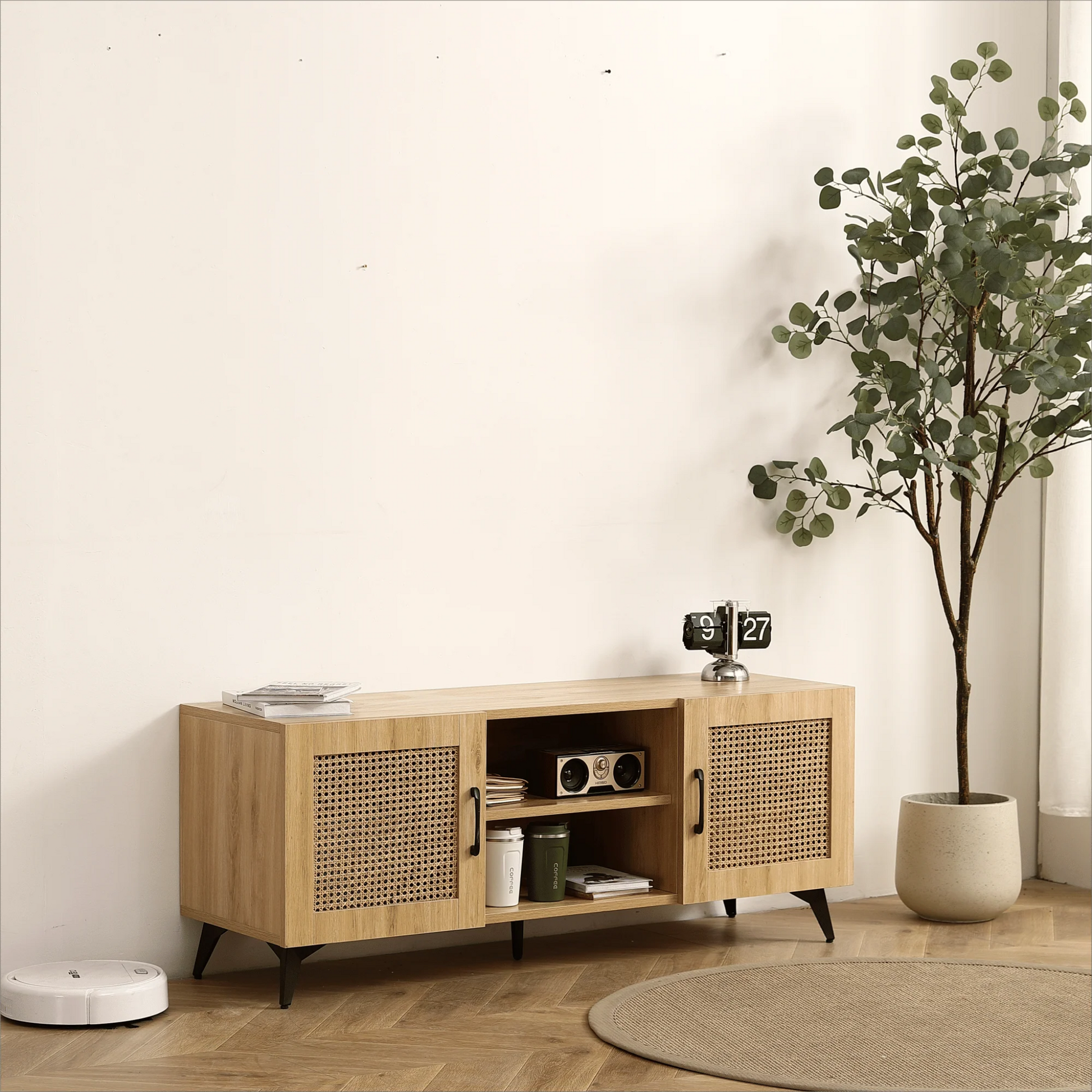 Oak TV Rattan Storage Cabinet Net - Perfect for Family Entertainment Room 51.2inch