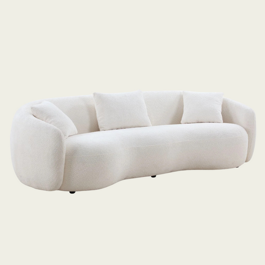  5-Seater Curved Boucle Sofa | White upholstery | Wavy - edge seating | 3 Pillows Included