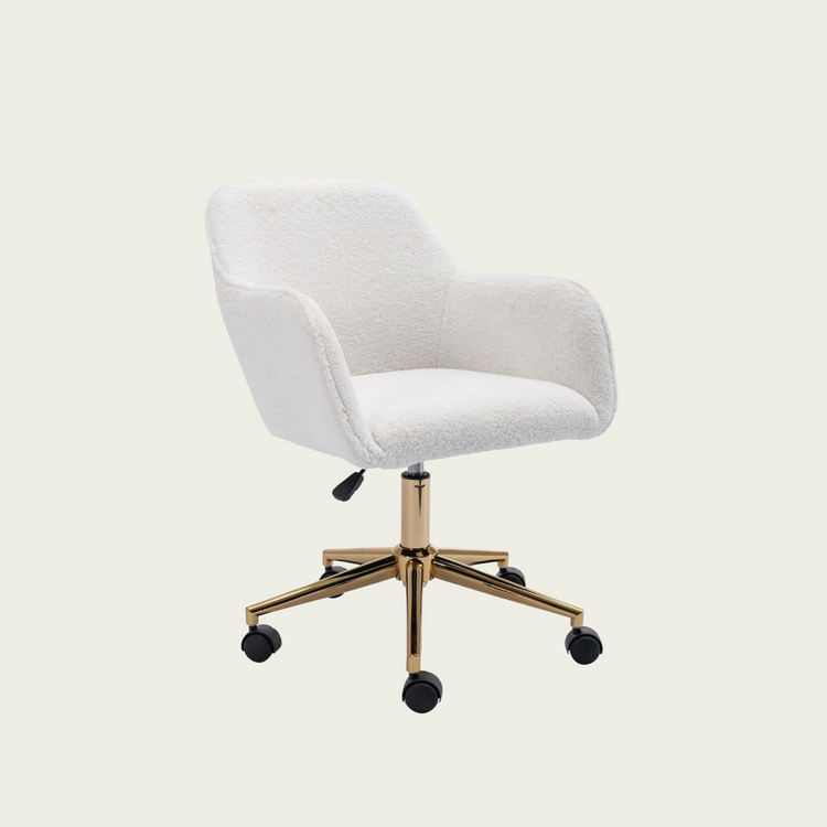 Modern Teddy Fabric Material Adjustable Height 360 Revolving Home Office Chair With Gold Metal Legs And Universal Wheel For Indoor,White