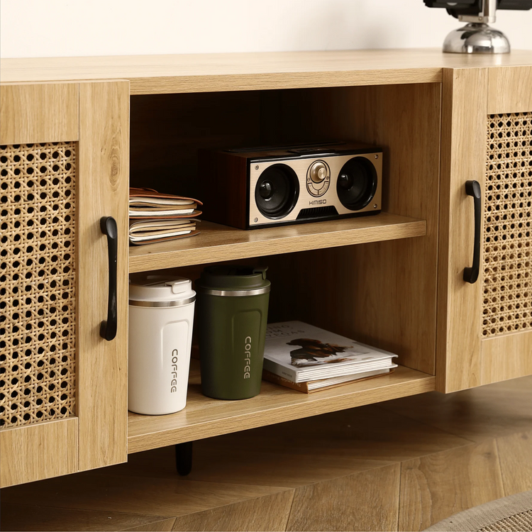 Oak TV Rattan Storage Cabinet Net - Perfect for Family Entertainment Room 51.2inch