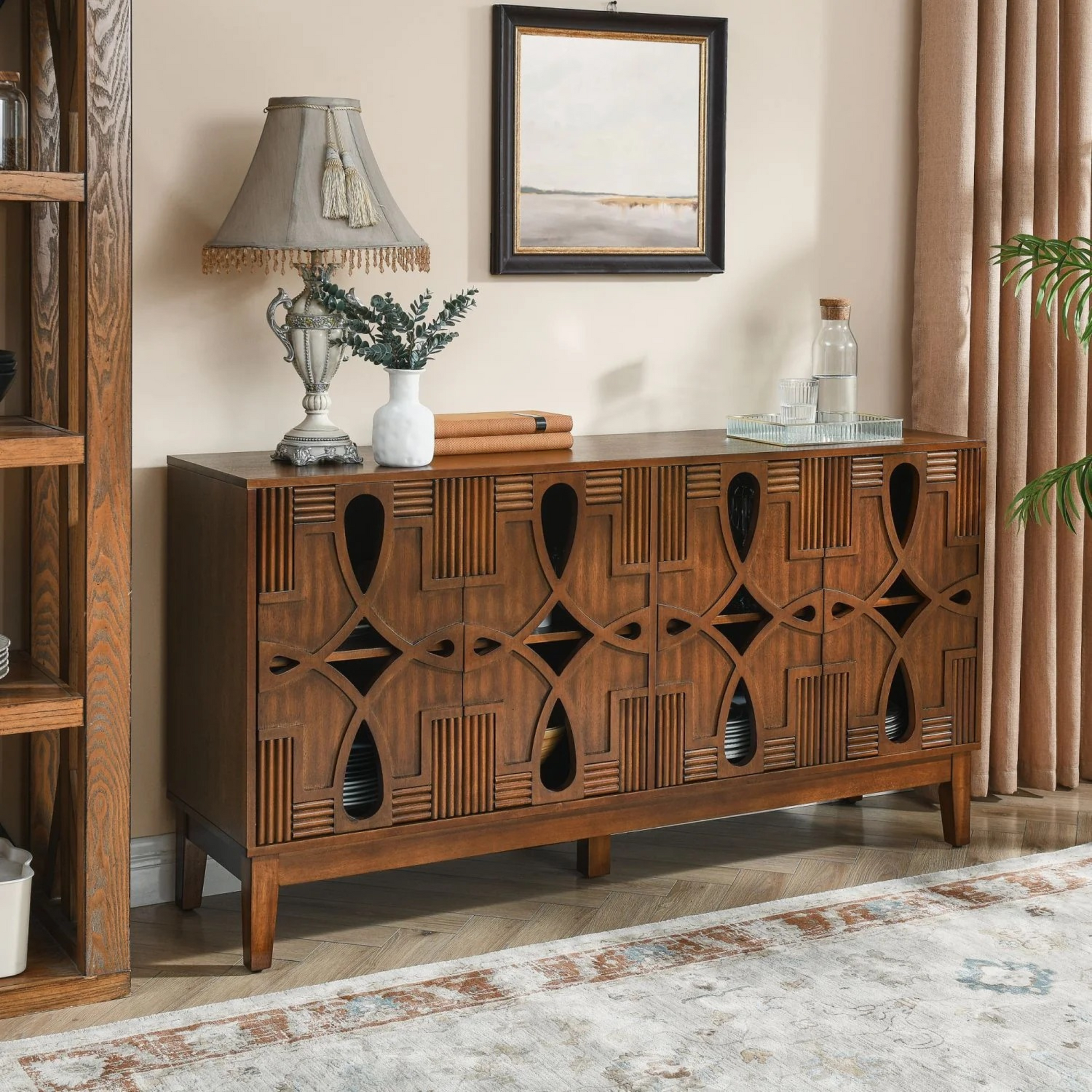 60.5" Mid Century Modern Sideboard Buffet Cabinet with Storage, TV Media Console Table, Storage Cabinet with 4 Doors & Adjustable Shelves for Kitchen Dining Living Room Entryway, Walnut
