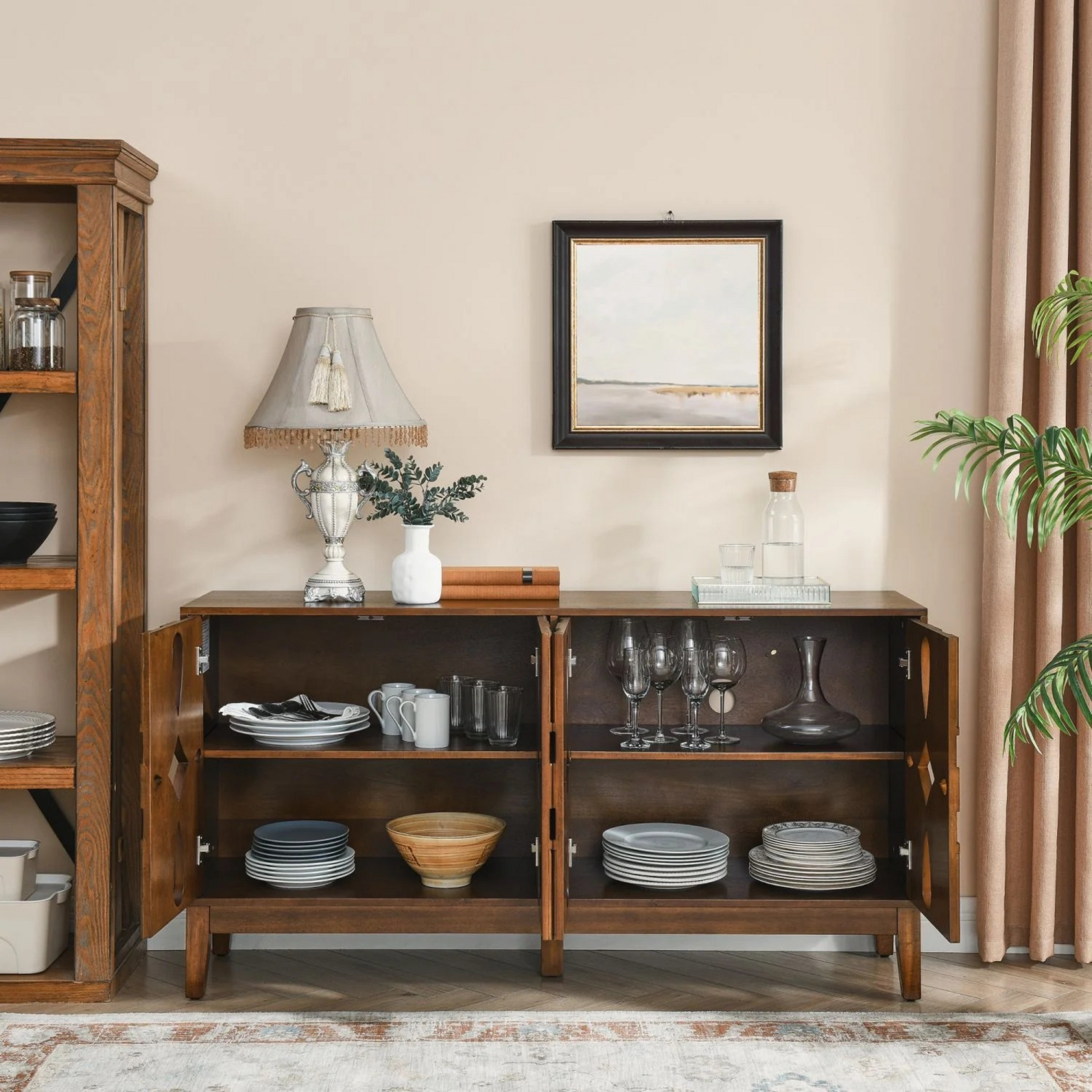 60.5" Mid Century Modern Sideboard Buffet Cabinet with Storage, TV Media Console Table, Storage Cabinet with 4 Doors & Adjustable Shelves for Kitchen Dining Living Room Entryway, Walnut