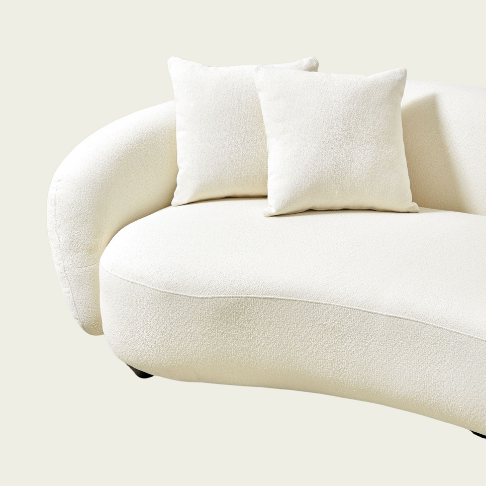 Modern Curved Sofa Mid-Century White Comfy Half Moon Teddy Fabric Couch,101" Upholstered with 4 Throw Pillows for Living Room