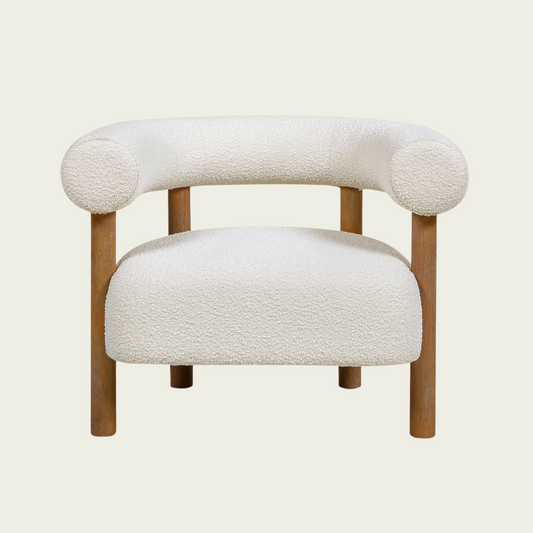 Fuji 37" Mid Century Modern Barrel Accent Arm Chair, Ivory White Boucle