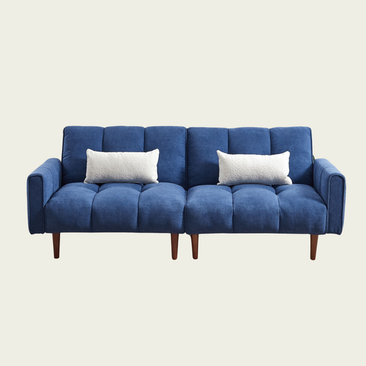 Blue Sofa Bed Wooden Legs & 2 Pillows