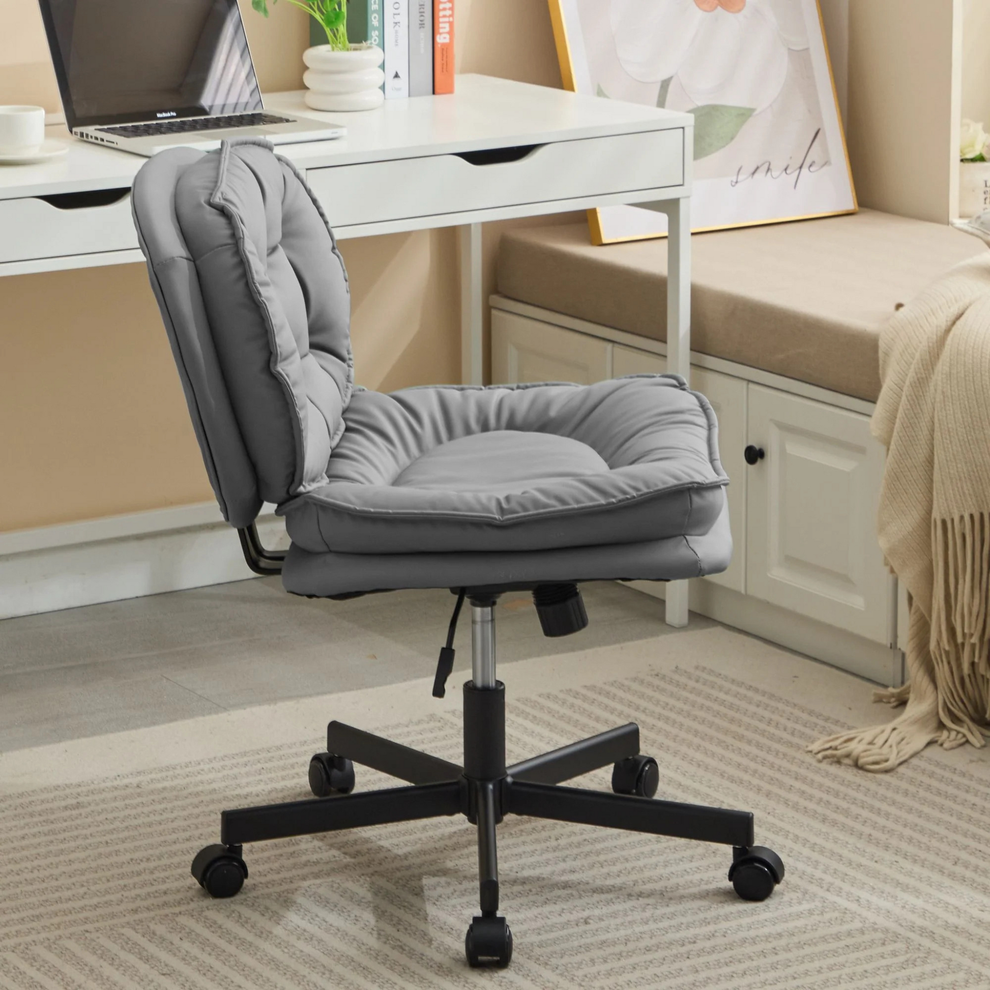 Armless Adjustable Swivel Office Chair with Wheels, PU Leather Cross-Legged Task Chair for Home, Office, Small Spaces