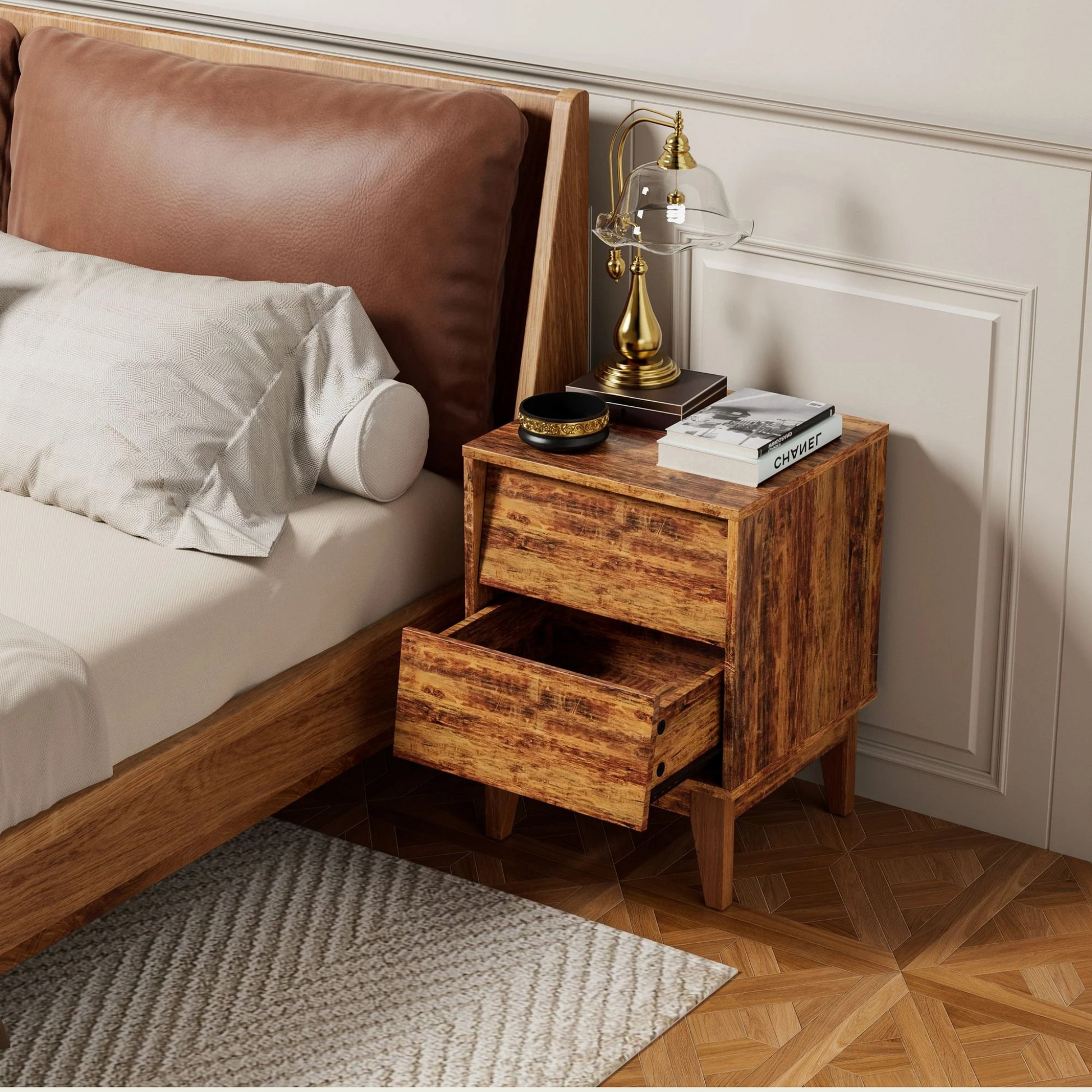 2 Set Nightstands Features Vintage-style and Bevel Design, Made of MDF, Mid Century Modern Nightstand, Night Stand for Bedroom