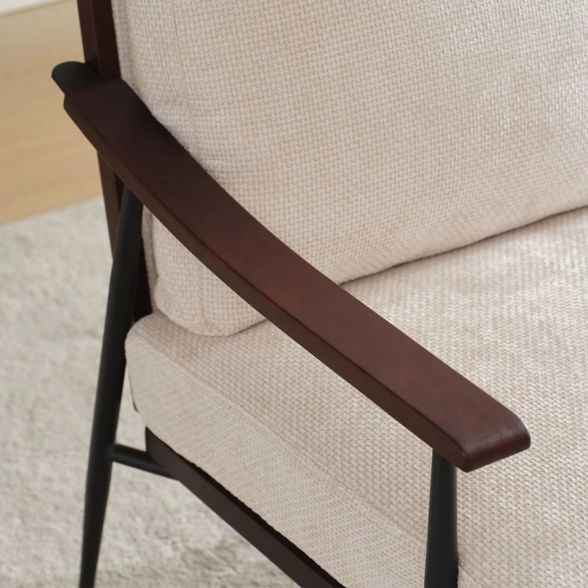 Modern Accent Chair, Mid Century Modern Accent Chairs, Linen Fabric Arm Chair with Wood Armrests, Upholstered Leisure Chair for Living Room, Bedroom, Reception Room, White