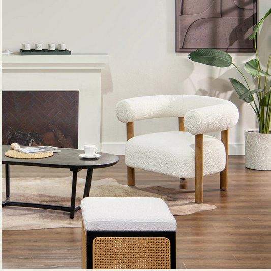 Fuji 37" Mid Century Modern Barrel Accent Arm Chair, Ivory White Boucle