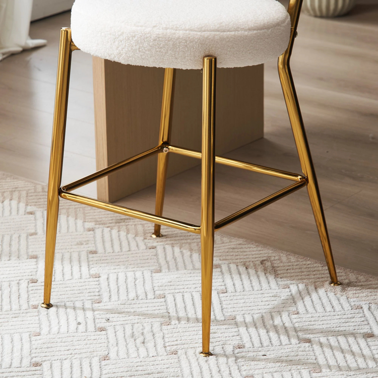 Set of 2 modern teddy fabric upholstered bar stools - Metal base high stool - Suitable for kitchen, dining and living room - Beige - Stylish and comfortable island seating