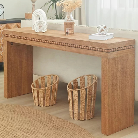 64in Rustic Wood Console Table – Elegant Entryway Table with Decorative Beaded Trim