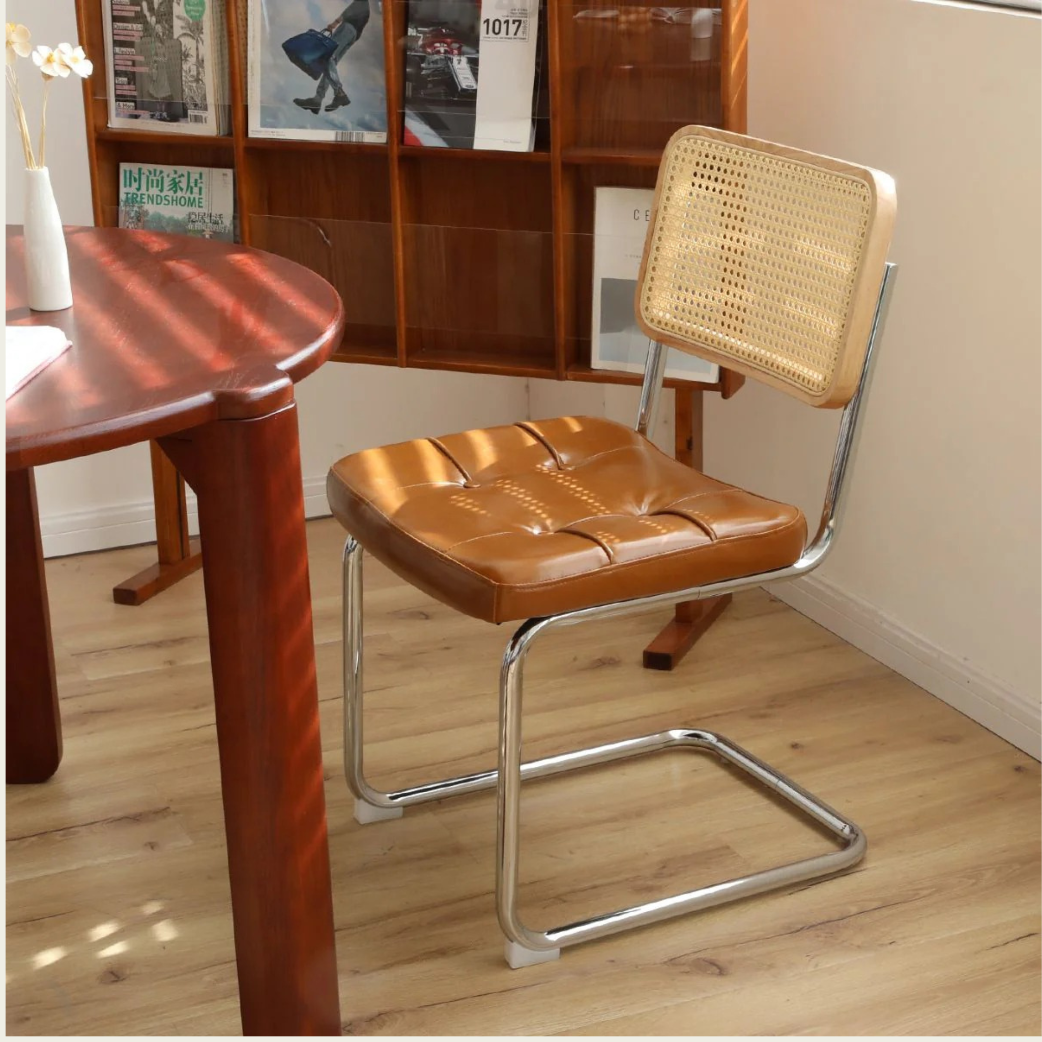 Dining Chairs Set of 2, Fauex Leather Rattan Side Accent Chairs with Chrome Legs, Modern Mid Century Breuer Designed Chairs, Upholstered Dining Living Room Kitchen Chairs (Brown-2pcs)