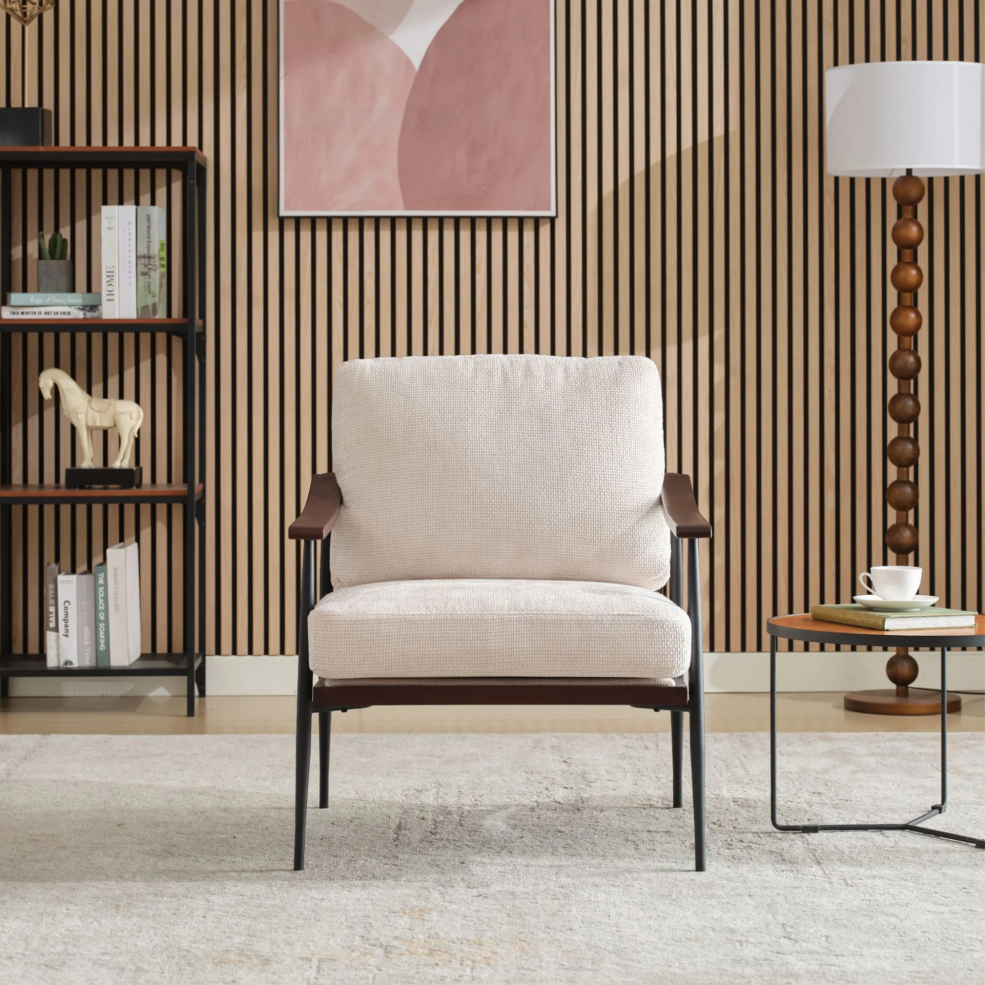 Modern Accent Chair, Mid Century Modern Accent Chairs, Linen Fabric Arm Chair with Wood Armrests, Upholstered Leisure Chair for Living Room, Bedroom, Reception Room, White