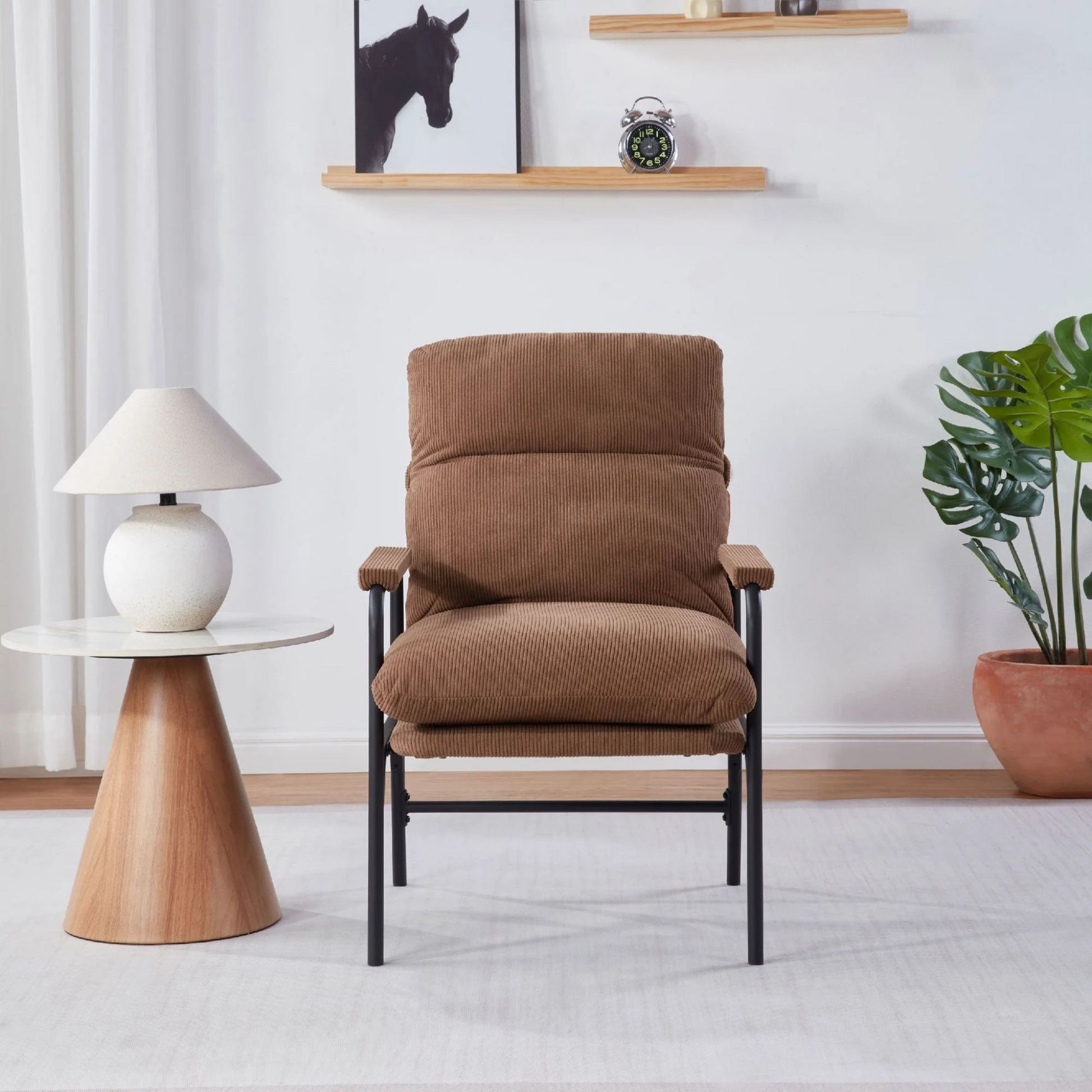 Modern Accent Chair, Reclining Chair with Adjustable Backrest, Corduroy Chair with Metal Frame, Reading Chair, Comfy Lounge Chair for Living Room, Bedroom, Office, Brown